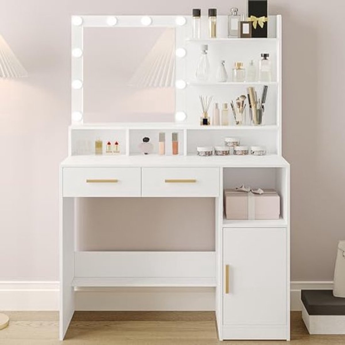 Kaptafel met Spiegel en LED Lampen – Make-Uptafel met 3 Planken, 4 Open Vakken en 2 Lades
