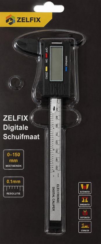Verpakking van ZELFIX digitale schuifmaat met 0-150mm meetbereik en 0.1mm resolutie.