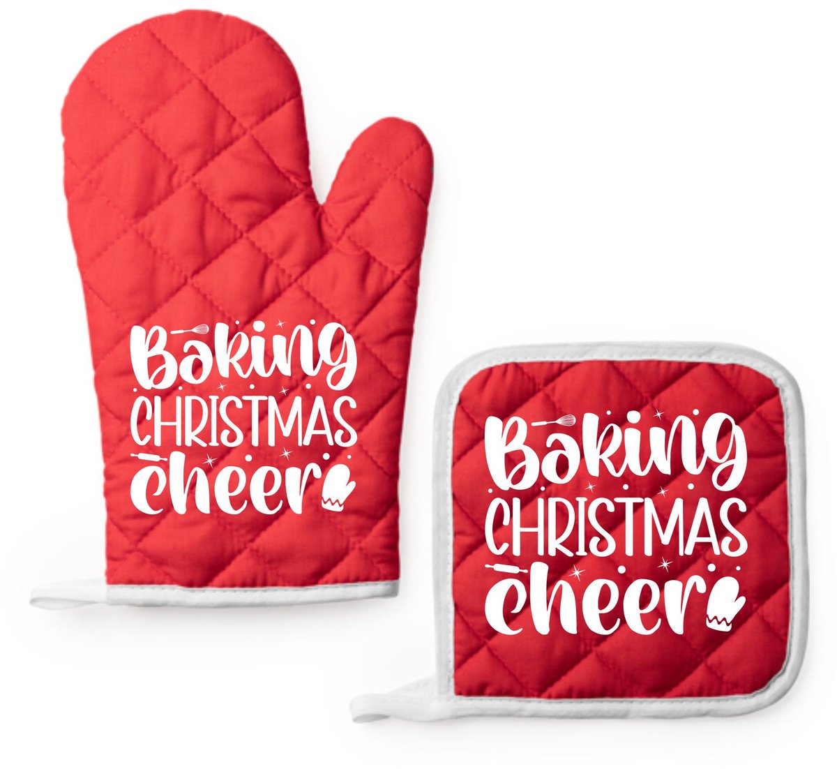 EIZOOK Kerst Kookset – Rode Ovenwant en Pannenlap met Speelse Tekst Print - BAKING CHRISTMAS CHEER