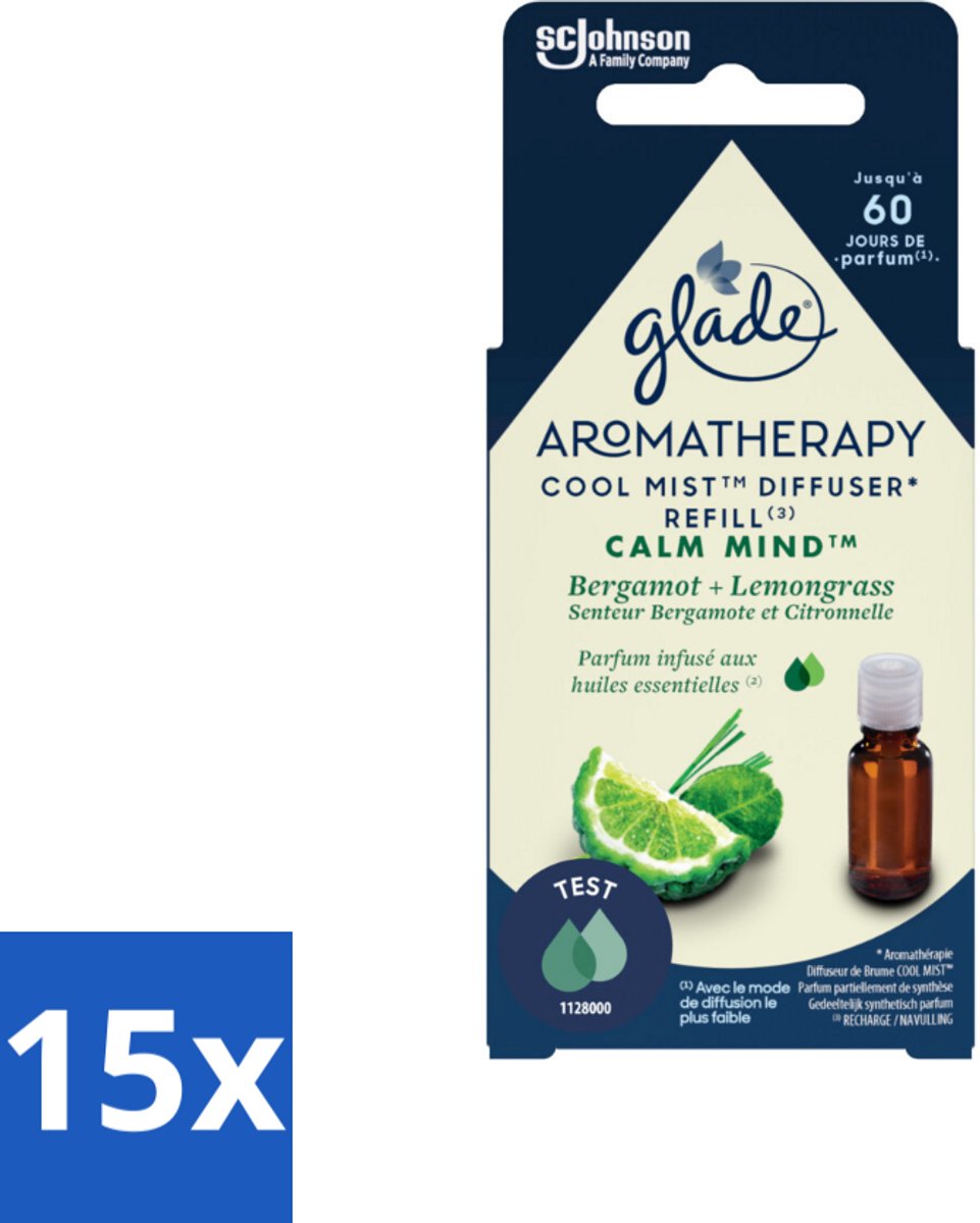 15 x Glade – Aromatherapy Mist Diffuser Navulling – Calm Mind – 17,4 ml - Aromatherapie - Ontspanning - Bergamot - Citroengras - Luchtverfrisser