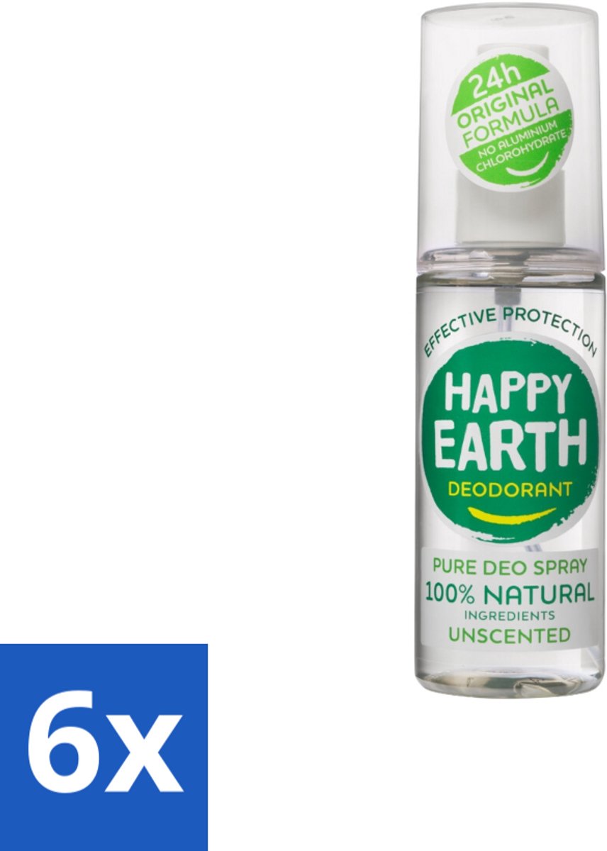 6 x Happy Earth – Deodorant Spray – 100% Natuurlijk Unscented – 100 ml - Geurloos Deodorant - Hypoallergene Deodorant - Natuurlijke Deodorant - Deodorant Voor Gevoelige Huid - Mineralen Deodorant