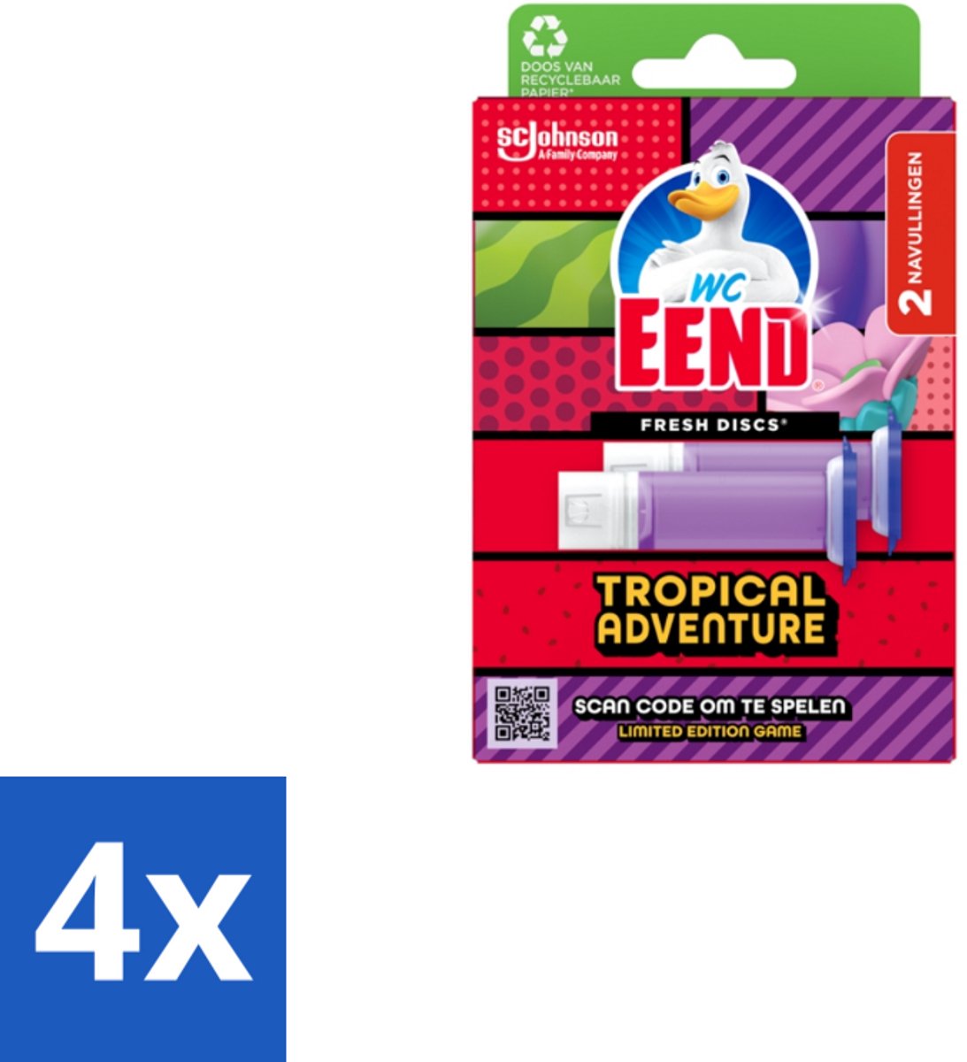 4 x WC Eend – Fresh Discs – Duo Navulling – Tropical Adventure – 72 ml - Toilet Reinigen - Toilet Geur - Toilet Hygiëne - Toilet Schoon - Toilet Fris