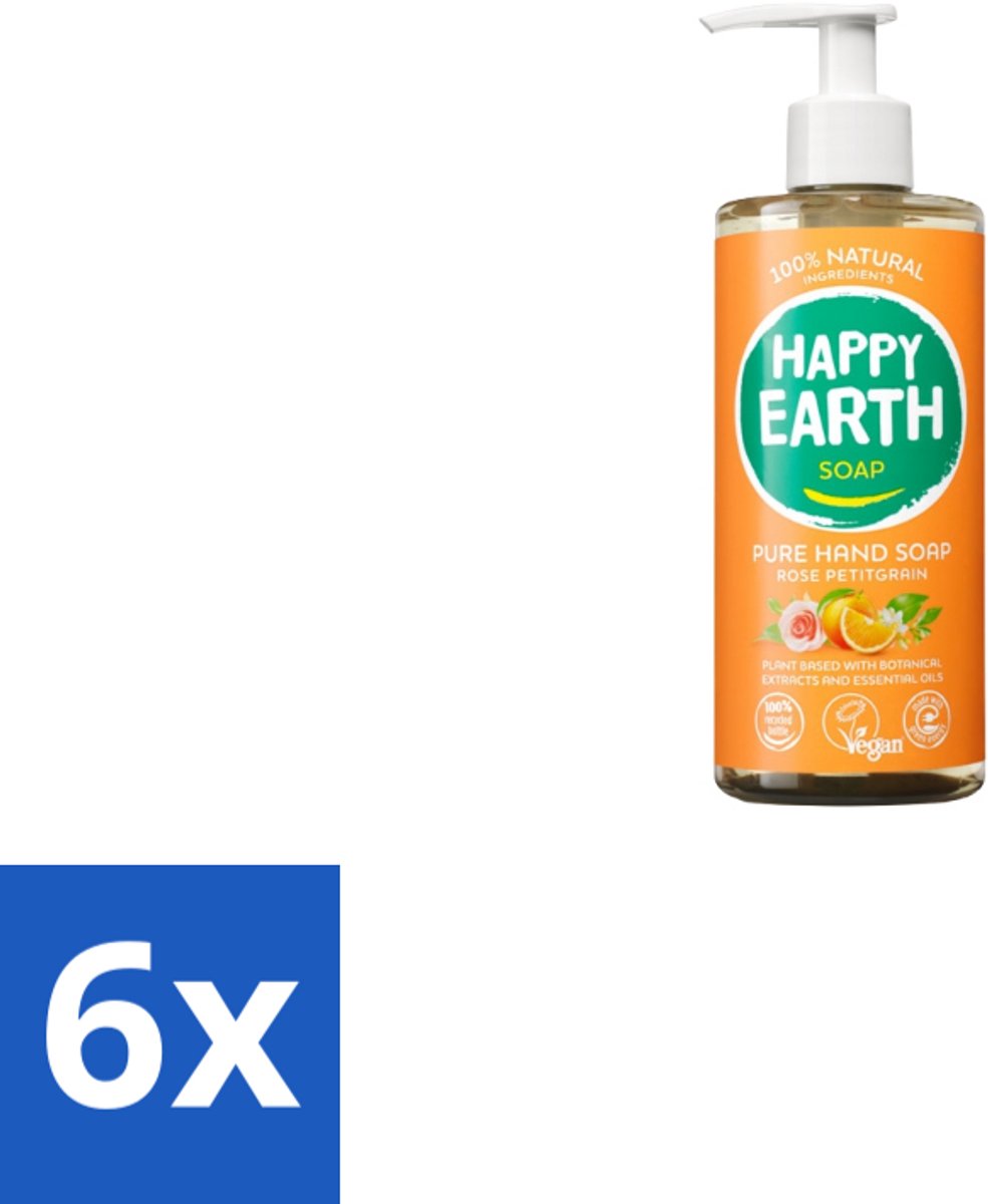6 x Happy Earth – Handzeep – 100% Natuurlijk Rose Petitgrain – 300 ml - Natuurlijke Handzeep - Vegan Handzeep - Handzeep Met Bloemige Geur - Handzeep Met Frisse Geur - Handzeep Voor Huid