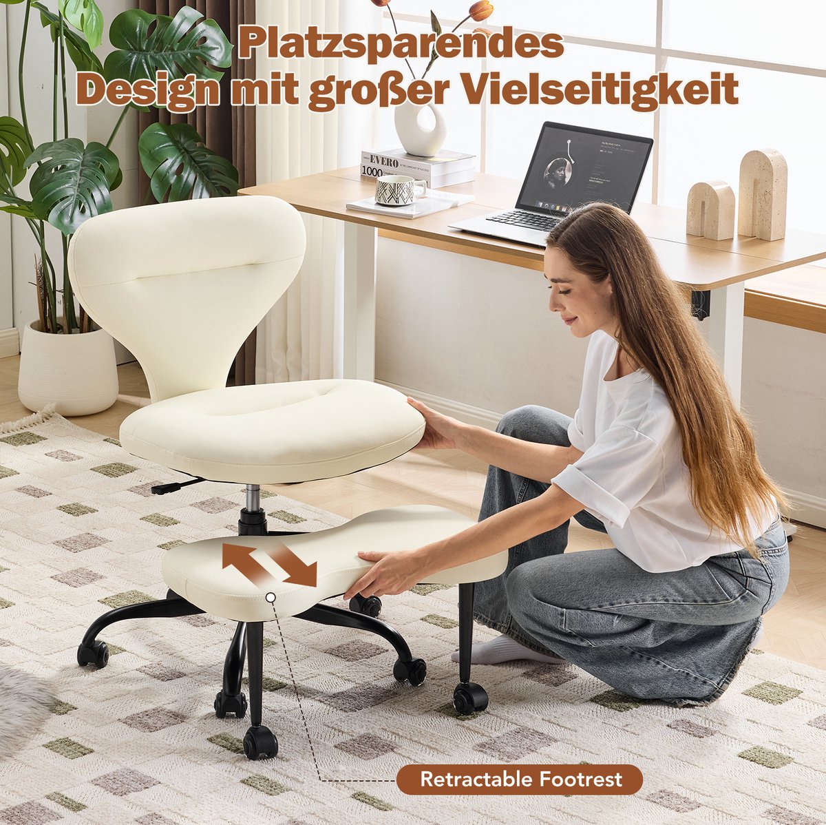 MIVRAY Bureaustoel Kniestoel 64,5 Cm - 360° Draaibaar Met Verstelbare Zithoogte En Rubberen Wielen - Voor Thuiswerk En Meditatie - Leer Wit thumbnail 3