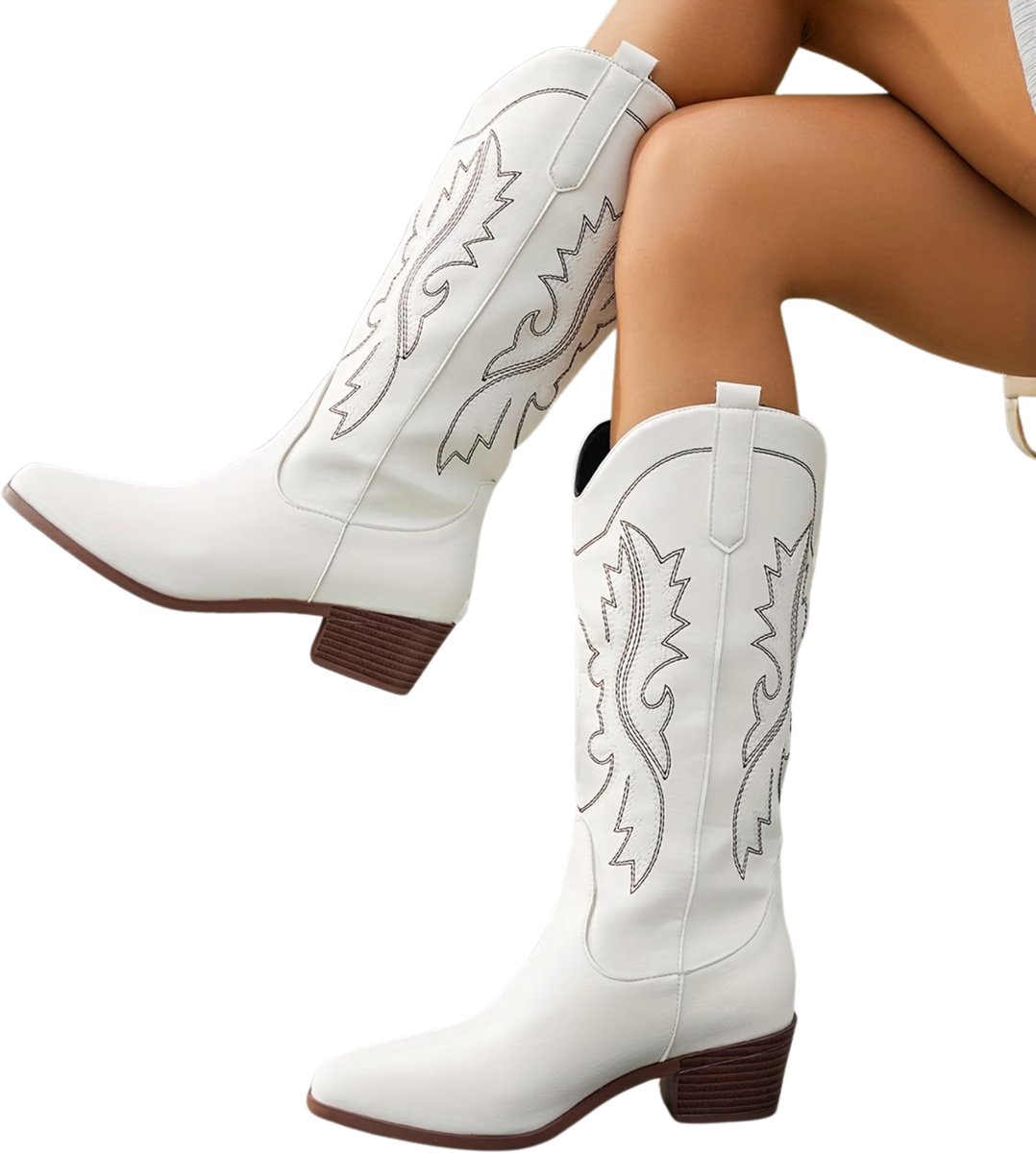 Currero Dames Cowboy Laarzen Hoge Hak Enkellaarzen Kniehoge Western Boots Chelsea 42 Wit