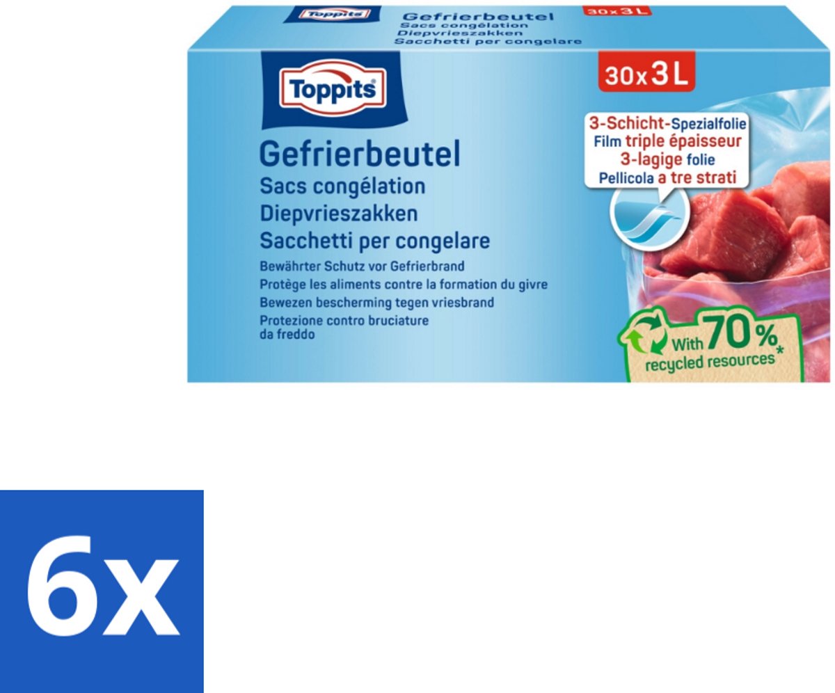 6 x Toppits – Diepvrieszakjes – 3 Liter – 30 Zakjes - Diepvrieszak 3 L - Diepvrieszak - Diepvrieszak 3 L - Vrieszak - Vrieszak 3 L