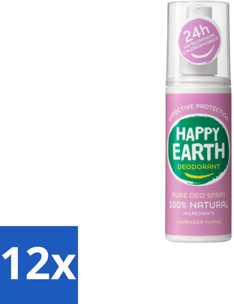 12 x Happy Earth – Deodorant Spray – 100% Natuurlijk Lavender Ylang – 100 ml - Deodorant Spray - Natuurlijke Deodorant - Lavendel En Ylang-ylang - Huidvriendelijk - Vrij Van Aluminium