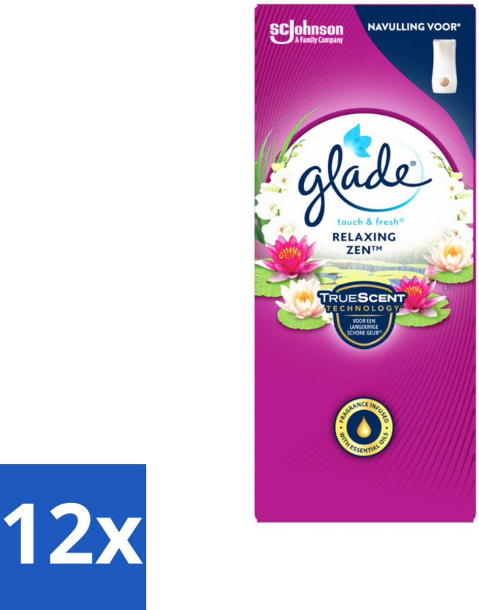 12 x Glade – Touch & Fresh Navulling – Relaxing Zen – 10 ml - Geurboost - Luchtverfrisser - Ontspannende Geur - Frisse Geur - Sandelhout