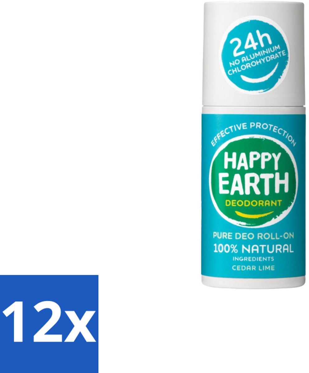 12 x Happy Earth – Deodorant Roll-On – 100% Natuurlijk Cedar Lime – 75 ml - Deodorant - Natuurlijke Deodorant - Cederhout - Limoen - Fris