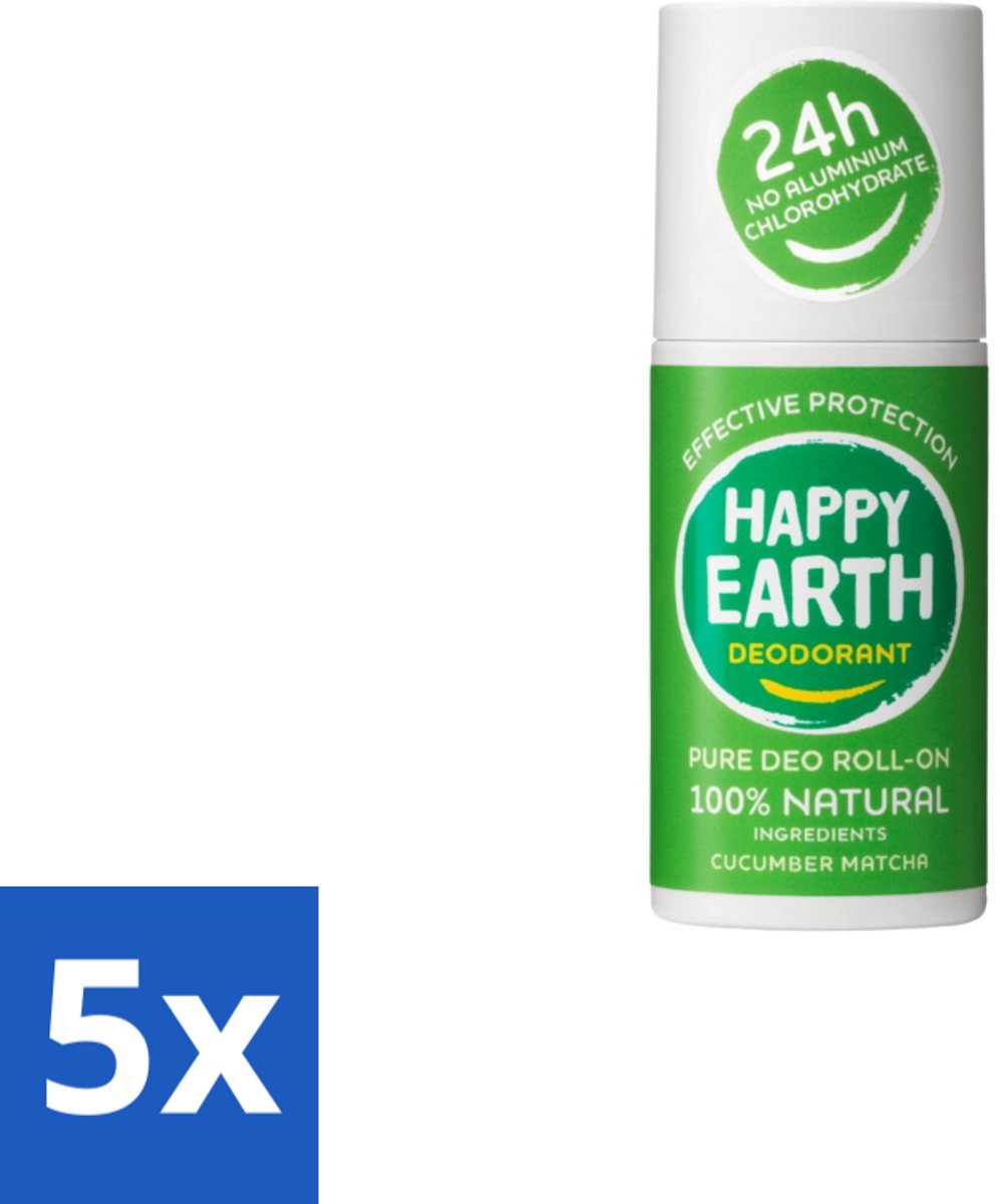 5 x Happy Earth – Deodorant Roll-On – 100% Natuurlijk Cucumber Matcha – 75 ml - Cucumber Matcha Deodorant - Natuurlijke Deodorant - Roll-on Deodorant - Vegan Deodorant - Anti-Geur Deodorant