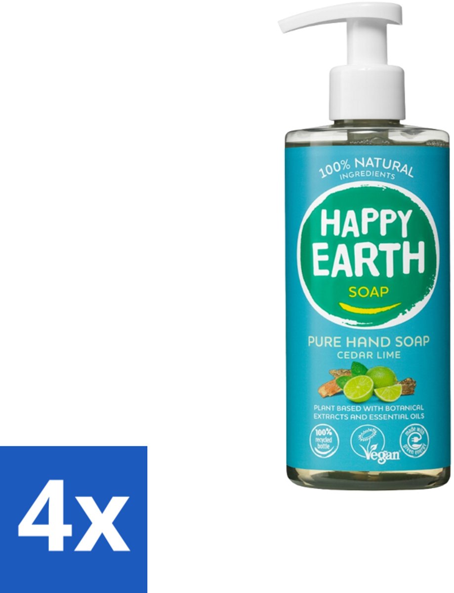 4 x Happy Earth – Handzeep – 100% Natuurlijk Cedar Lime – 300 ml - Natuurlijke Handzeep - Vegan Handzeep - Ceder En Limoen - Handzeep Met Essentiële Oliën - Antibacteriële Handzeep