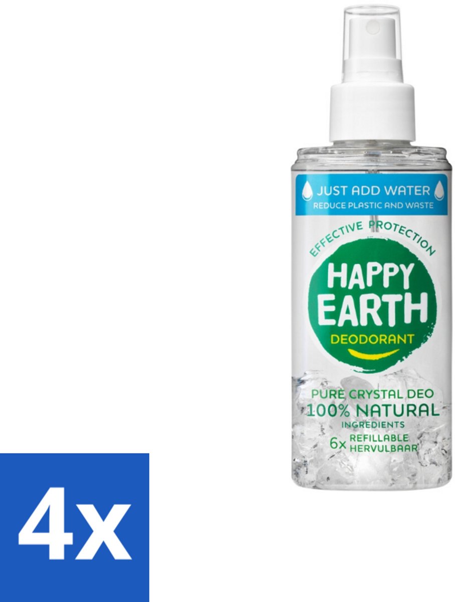 4 x Happy Earth – Deodorant Just-Add-Water Spray – 100% Natuurlijk Unscented – 100 ml - Natuurlijke Deodorant - Geurloze Deodorant - Aluinsteen Deodorant - Duurzame Deodorant - Waterdeodorant