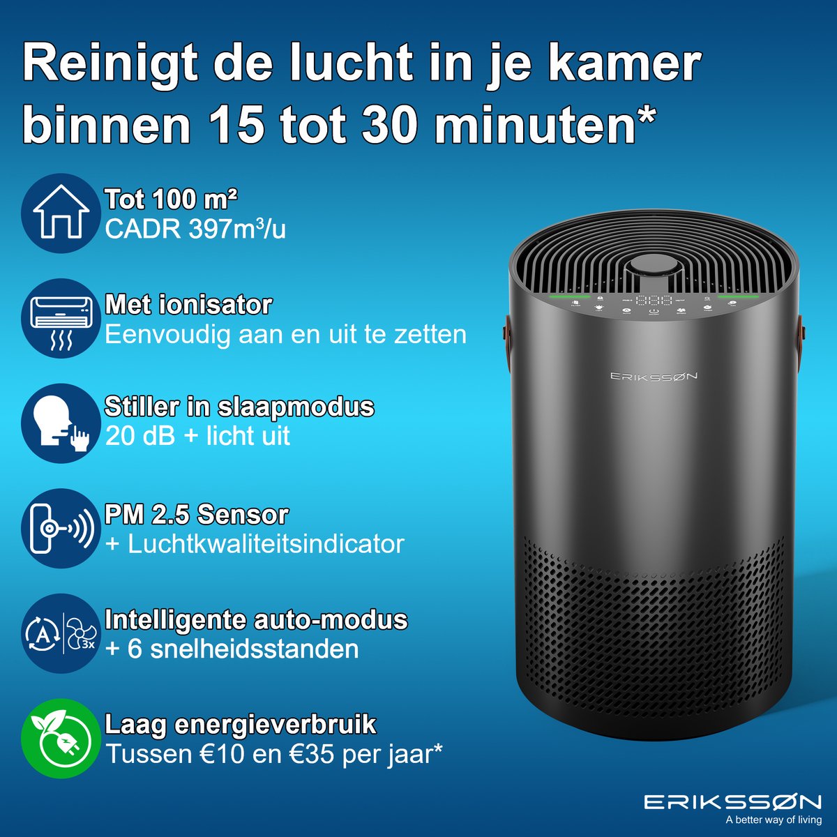 Erikssøn Luchtreiniger Air Pure Pro - 397 m3/u - Zwart thumbnail 2