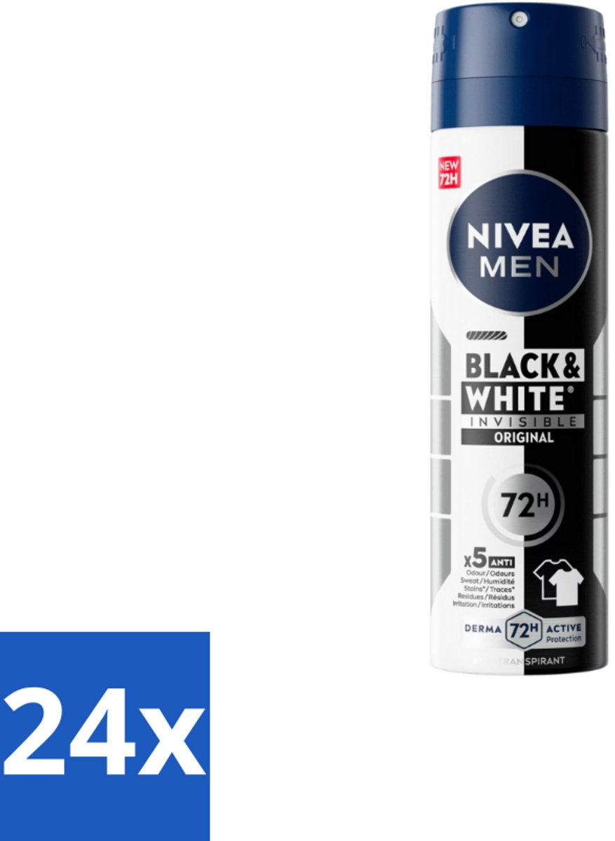 24 x NIVEA MEN – Deodorant spray – Invisible for Black & White – 150 ml - Zweetvermindering - Geurvermindering - Anti-Transpirant Spray - Kledingbescherming - 48u Bescherming