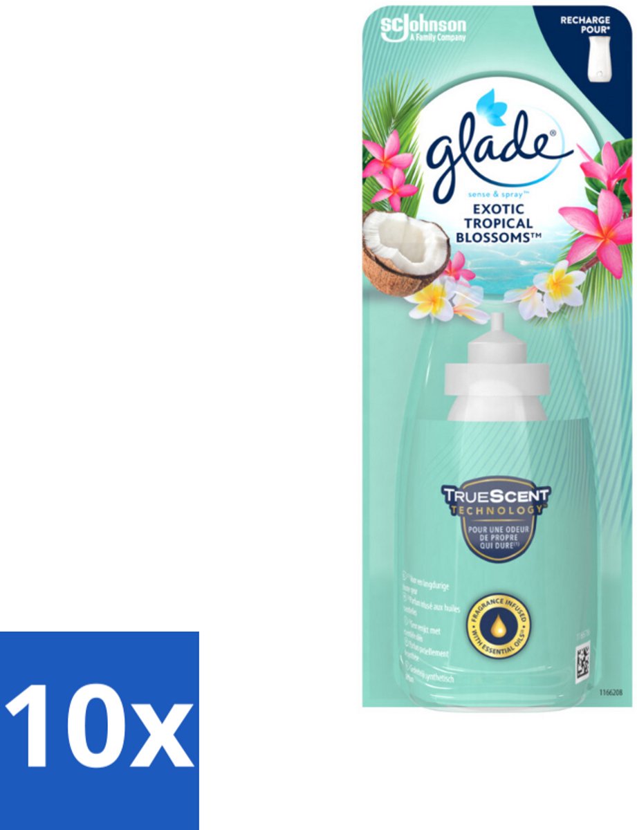 10 x Glade – Sense & Spray Navulling – Exotic Tropical Blossoms – 18 ml - Tropische Geur - Bewegingssensor - Kokos En Bloemen - Luchtverfrisser - Exotische Geur