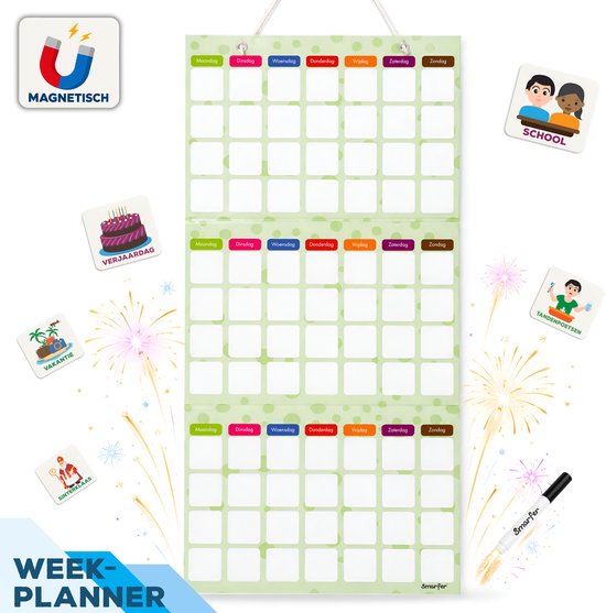 Magnetische weekplanner, 67 x 33,5 cm, met vakjes voor drie weken. Inclusief stickers voor verjaardag, vakantie, school en meer.