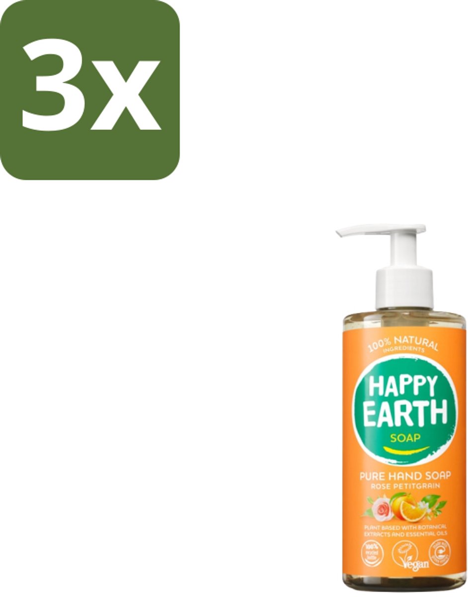 3 x Happy Earth – Handzeep – 100% Natuurlijk Rose Petitgrain – 300 ml - Natuurlijke Handzeep - Vegan Handzeep - Rose Petitgrain Handzeep - Antibacterieel Handzeep - Geurige Handzeep