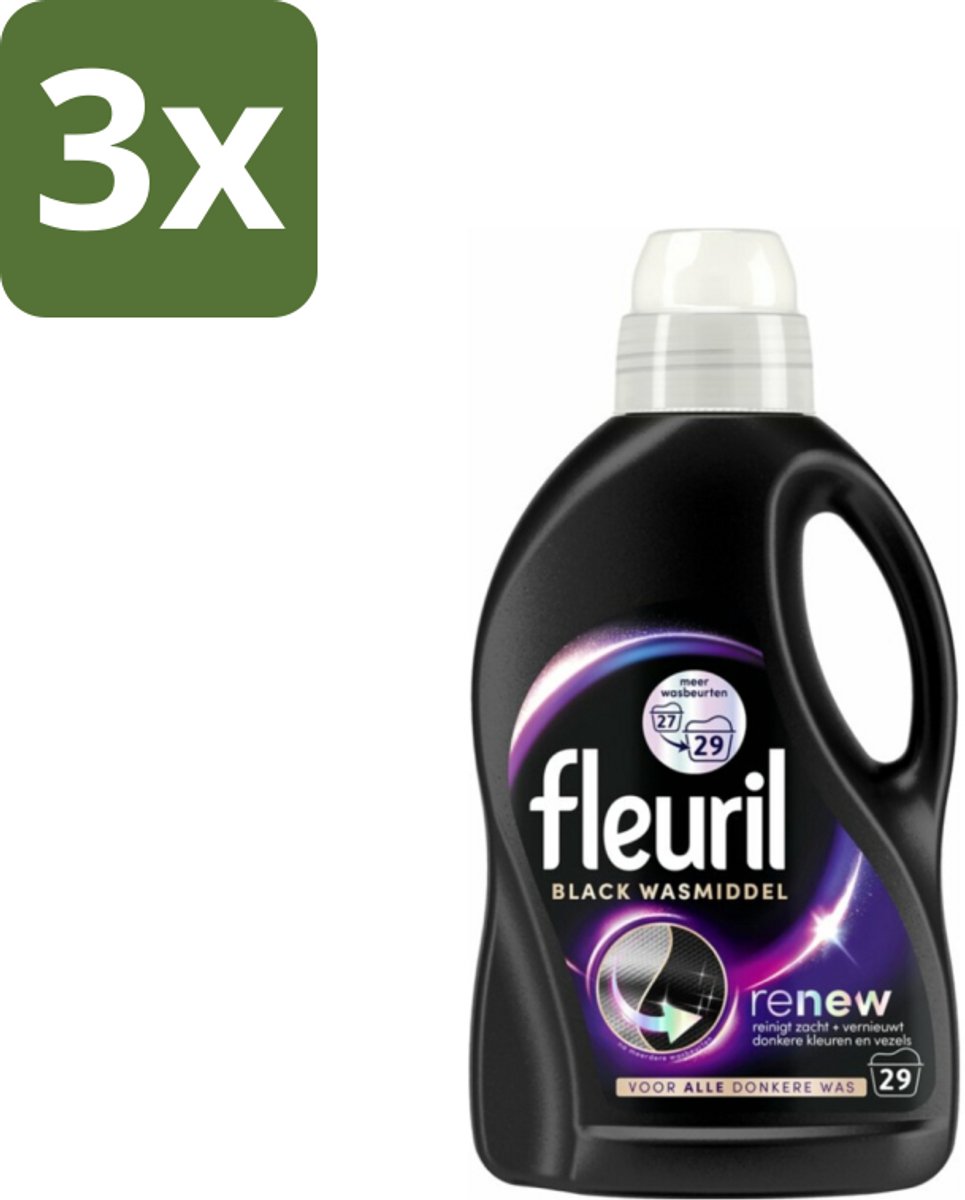 3 x Fleuril – Wasmiddel - Black – 29 wasbeurten – 1,305 L - Wasmiddel Zwart - Kleurbehoud Zwart - Anti-verkleuring - Donkere Kleding - Kleurintensiteit