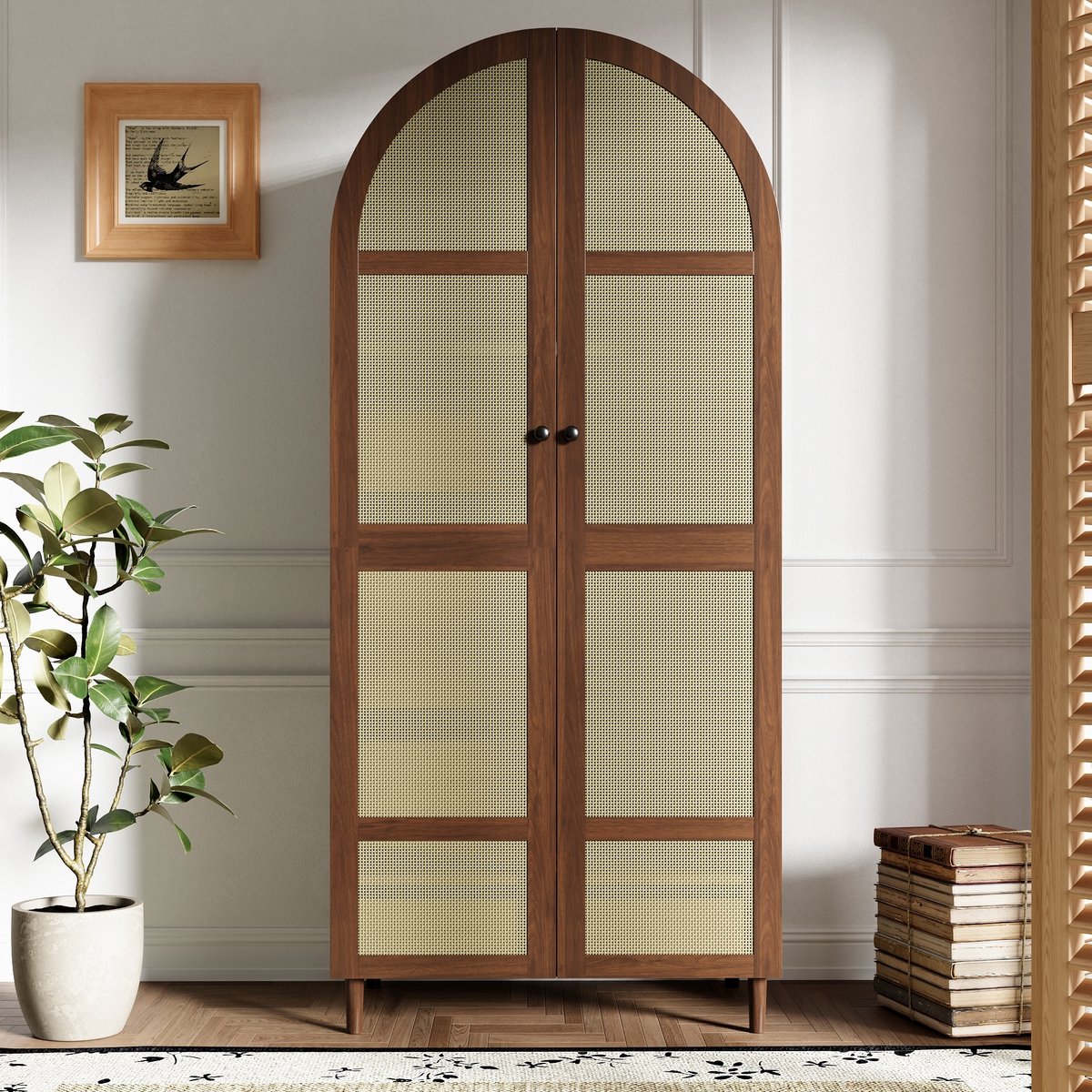 OKWISH Kledingkast Met Gebogen Deuren En Rieten Deuren Met Kledingstang En Laden Voor Slaapkamer En Hal Walnoot 80 X 50 X 179 Cm