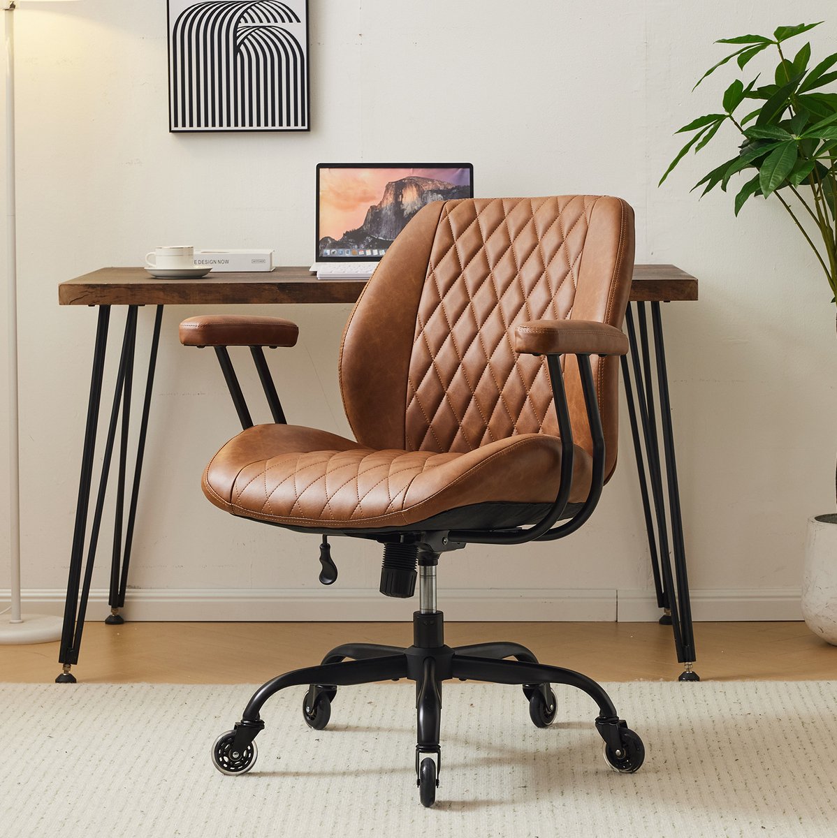 MIVRAY Bureaustoel 57 X 51 Cm Verstelbare Zithoogte Kantelbaar Met Wielen En Armleuningen Voor Thuis En Kantoor Leer Bruin