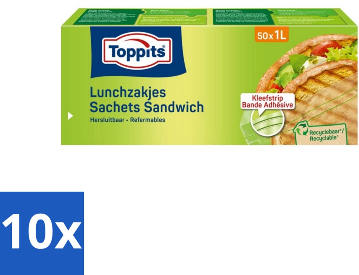 10 x Toppits – Lunchzakjes – Hersluitbaar – 1 Liter – 50 Zakjes - Koffiezetapparaat