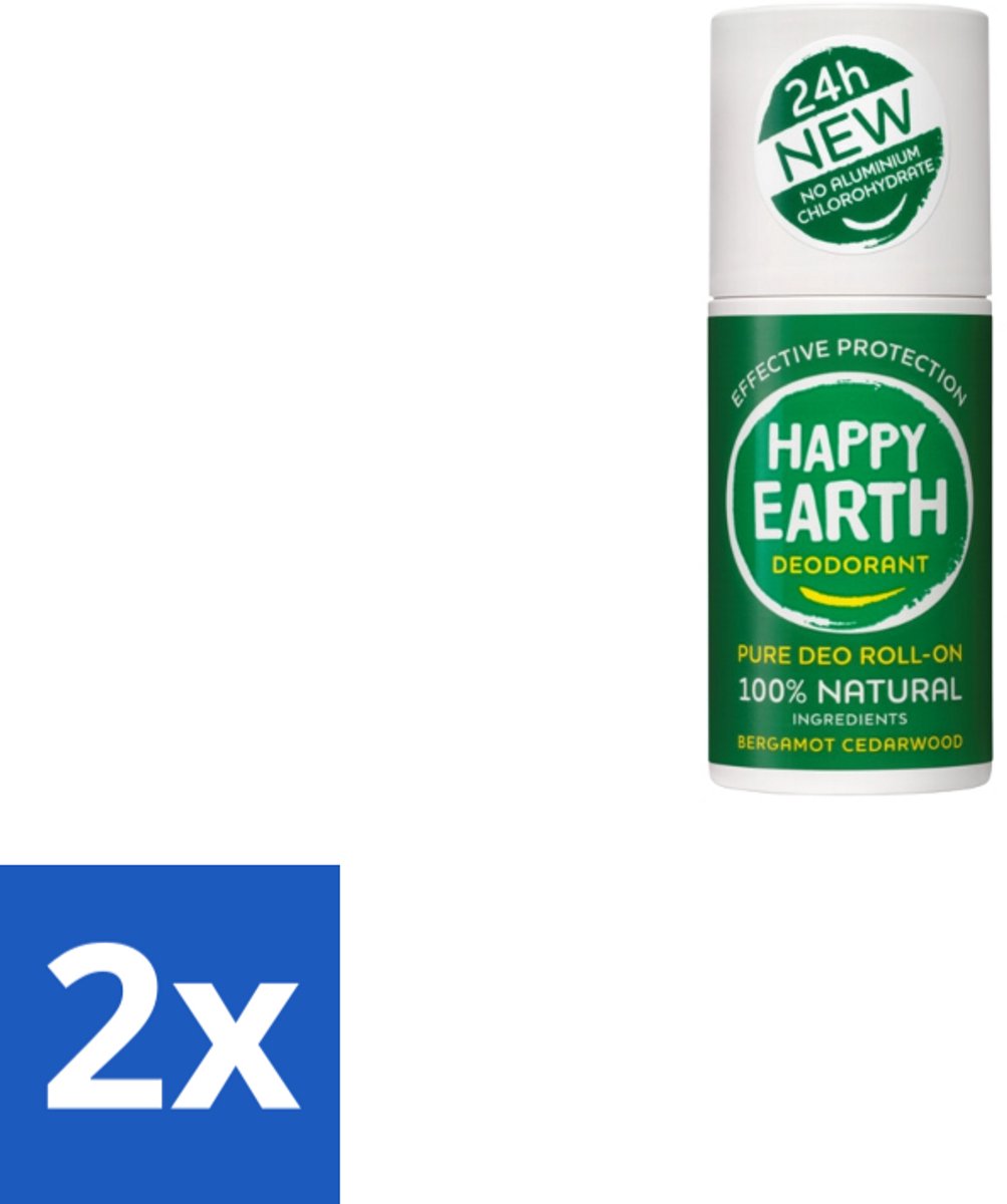 2 x Happy Earth – Deodorant Roll-On – 100% Natuurlijk Bergamot Cedarwood – 75 ml - Bergamot - Cederhout - Natuurlijke Deodorant - Roll-on Deodorant - 24 Uur Bescherming