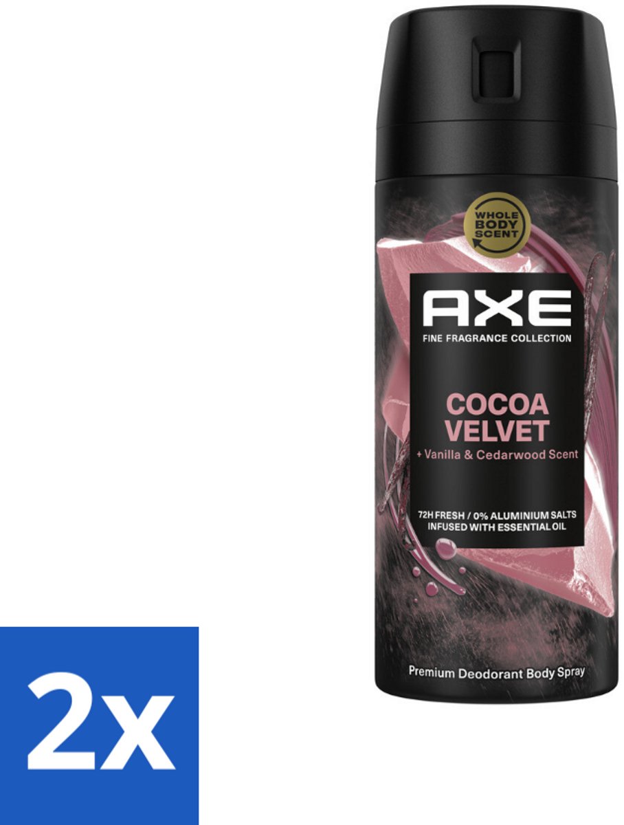 2 x Axe – Deodorant – Cocoa Velvet – 150 ml - Cocoa Velvet - Deodorant Bodyspray - Frisheid - Lichaamsgeur - Parfum