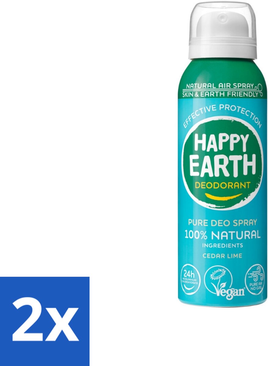 2 x Happy Earth – Deodorant Natural Air Spray – 100% Natuurlijk Cedar Lime – 100 ml - Natuurlijke Deodorant - Cederhout En Limoen - Aerosol Deodorant - 100% Natuurlijk - Luchttechnologie