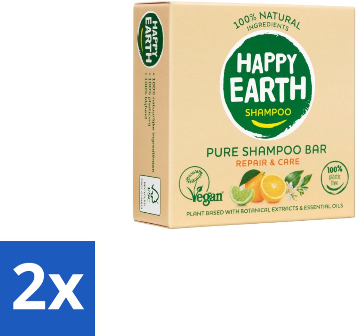 2 x Happy Earth – Shampoo Bar – 100% Natuurlijk Repair & Care – 70 g - Shampoo Bar - Droog Haar - Beschadigd Haar - Natuurlijke Shampoo - Vegan Shampoo