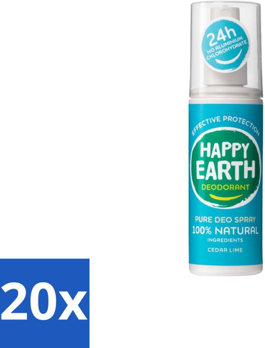 20 x Happy Earth – Deodorant Spray – 100% Natuurlijk Cedar Lime – 100 ml - Ceder Lime Deodorant - Natuurlijke Deodorant Spray - Vegan Deodorant - Anti-Geur Spray - Geur Ceder Lime
