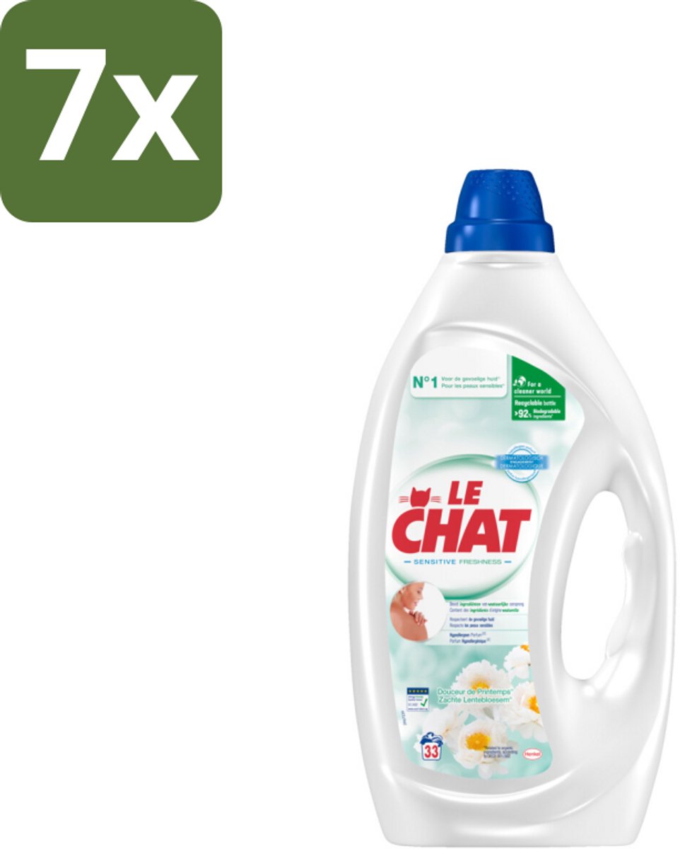 7 x Le Chat – Vloeibaar Wasmiddel – Zachte Lentebloesem – 1,485 L - Zachte Lentebloesem - Hypoallergisch Wasmiddel - Dermatologisch Getest - Fris Wasmiddel - Vloeibaar Wasmiddel