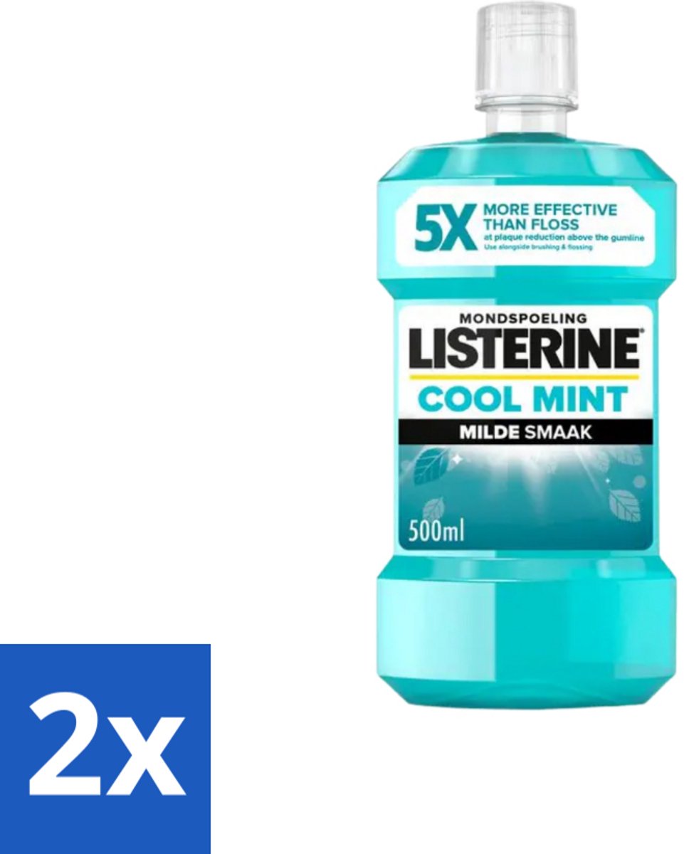 2 x Listerine – Mondwater – Cool Mint – Milde smaak zonder alcohol – 500 ml - Mondwater - Mondhygiëne - Tandplak - Tandvlees - Mondspoeling