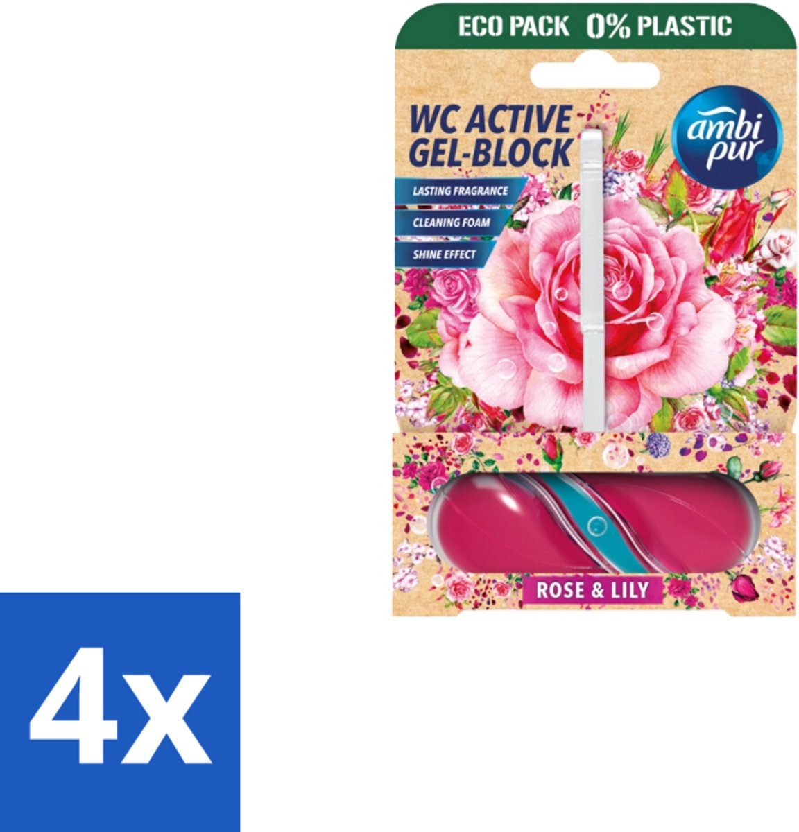 4 x Ambi Pur – Toiletblok – Roos & Lelie – 45 g - Toiletblok Roos En Lelie - Frisse Geur Toilet - Reinigend Toiletblok - Bloemige Geur Badkamer - Kalkaanslag Voorkomen
