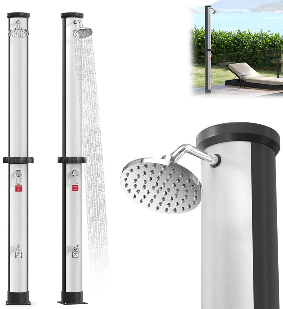 Aufun Zonnebaden Douche 40L – Draadloze Buitendouche voor Tuin, Kamperen en Zwembad, Zonneenergie Verwarming met Tuinslangaansluiting (Zwart+Zilver)