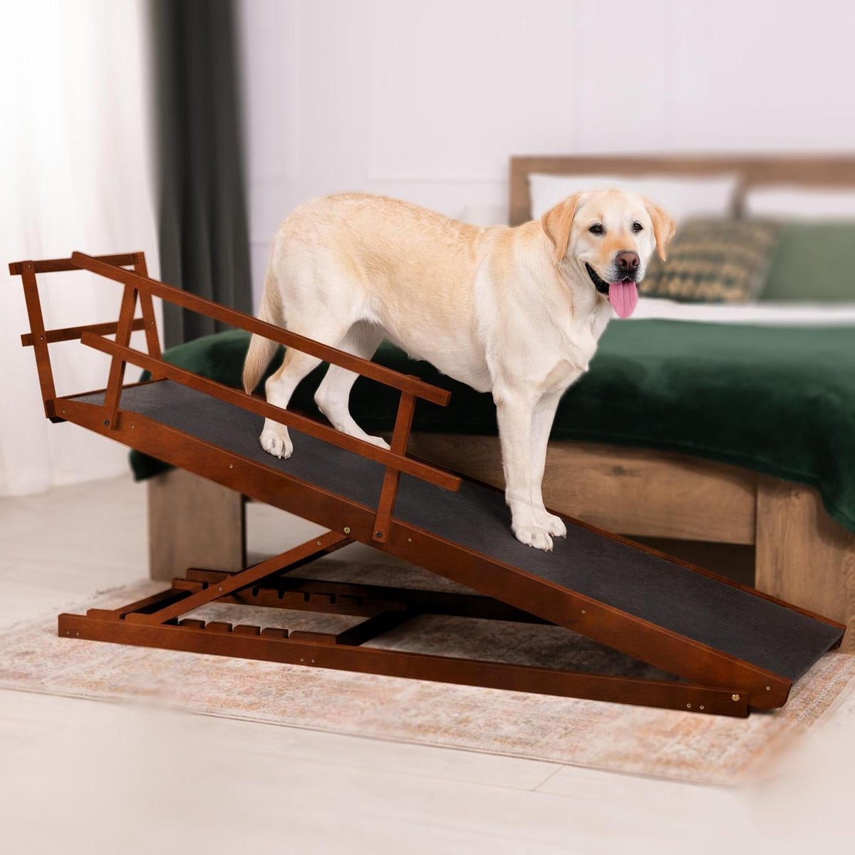 Hondenloopplank voor Bed - Hondentrap Verstelbaar - Veilig Omhoog Klimmen - Anti-Slip Rubber Vloer - Tot 945 cm Hoog - Walnoot