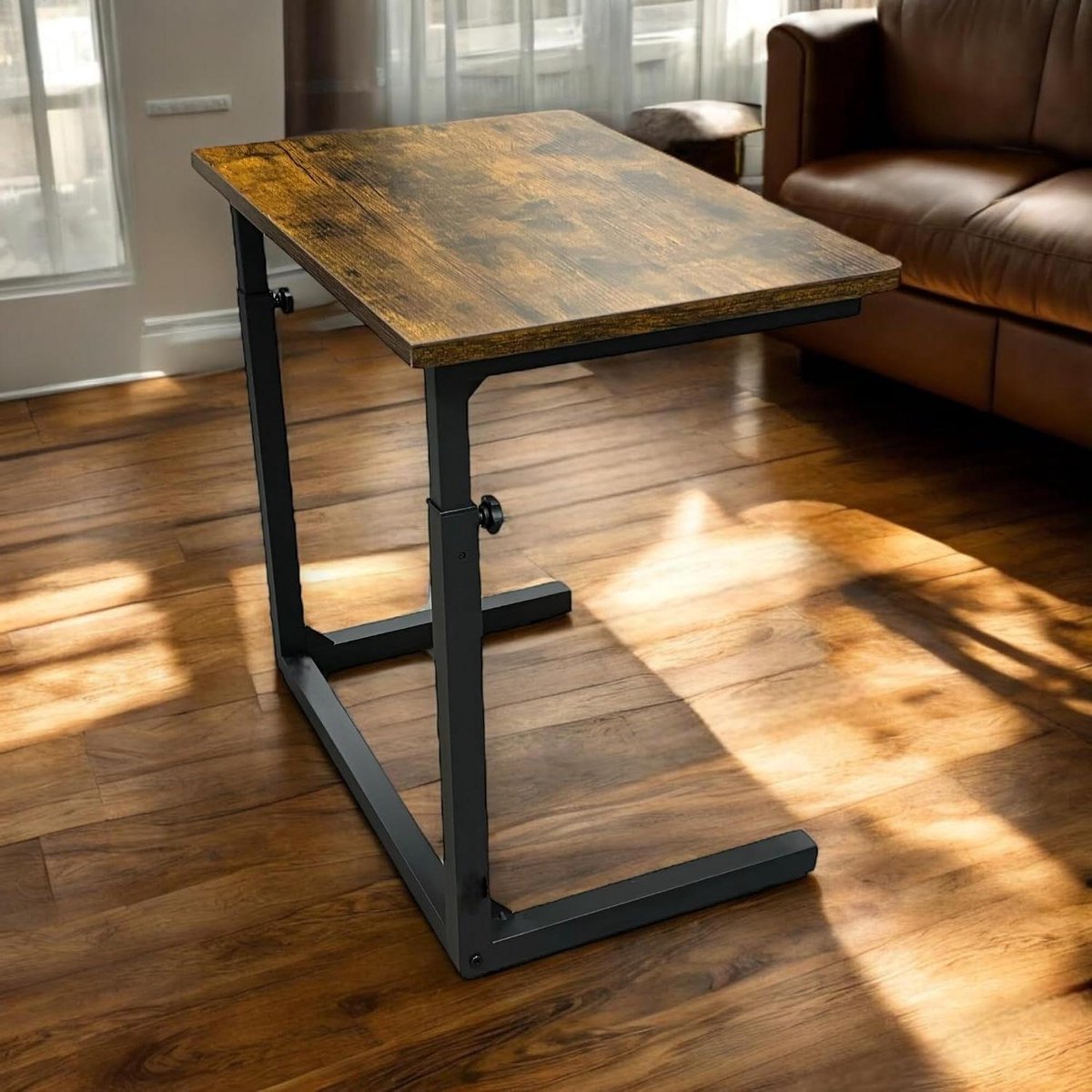 Verstelbare bijzettafel - C-vormige tafel - Comfortabel werken - Traploos in hoogte verstelbaar - 50 tot 76 cm - Rustiek bruin