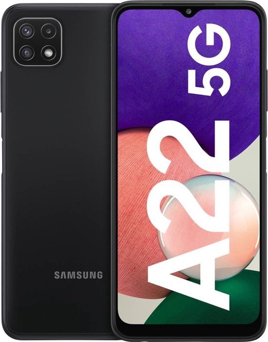 Samsung Galaxy A22 5G smartphone in het grijs. De achterkant heeft een vierkant camerablok. Het scherm toont 'A22 5G'.