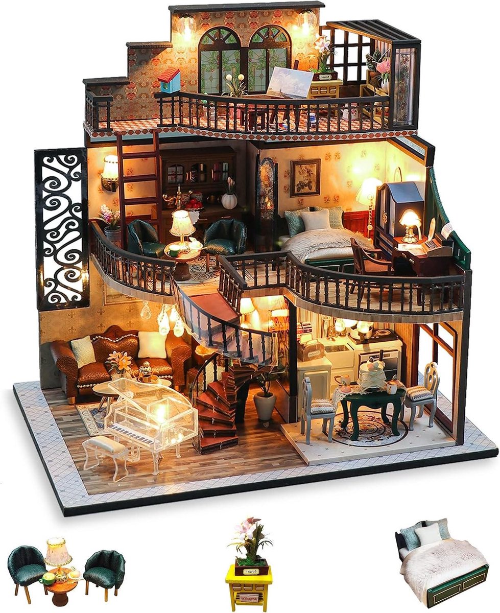 Miniatuur Poppenhuis - Doe-het-zelf Kit - Huis Decoratie - Met LED Verlichting - 24 x 17 x 23.5 cm