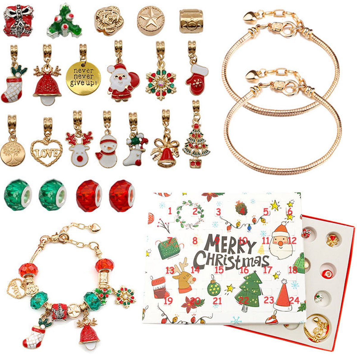 Adventskalender voor meisjes, doe-het-zelf sieraden, set voor het maken van sieraden, met 2 kettingen, 22 bedels, 4-12 jaar kinderen van geschenken Kerstmis meisjes armbanden