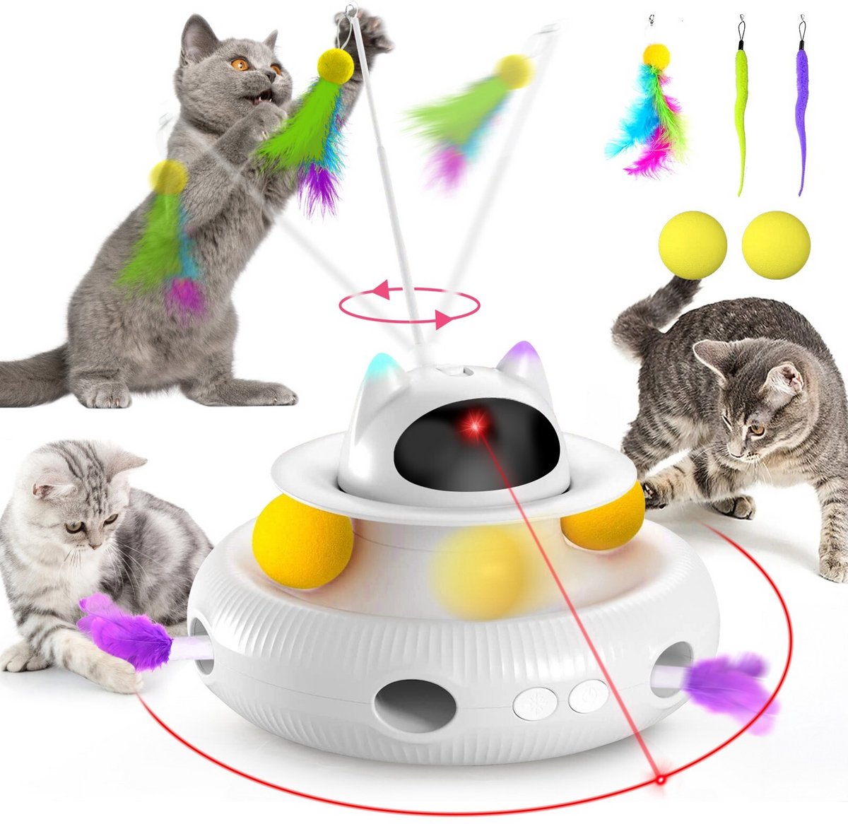 Namajunas - 4 IN 1 Multifunctioneel Interactief Elektrisch Kattenspeelgoed - Laser Speelgoed - Kattenspeelgoed Elektrisch - 360° Laserlampje - Met 3 Kleuren LED - USB‑oplaadbaar - Uitschuifbare veren - Met Kattenhengel, Katten Balletjes en Kabel