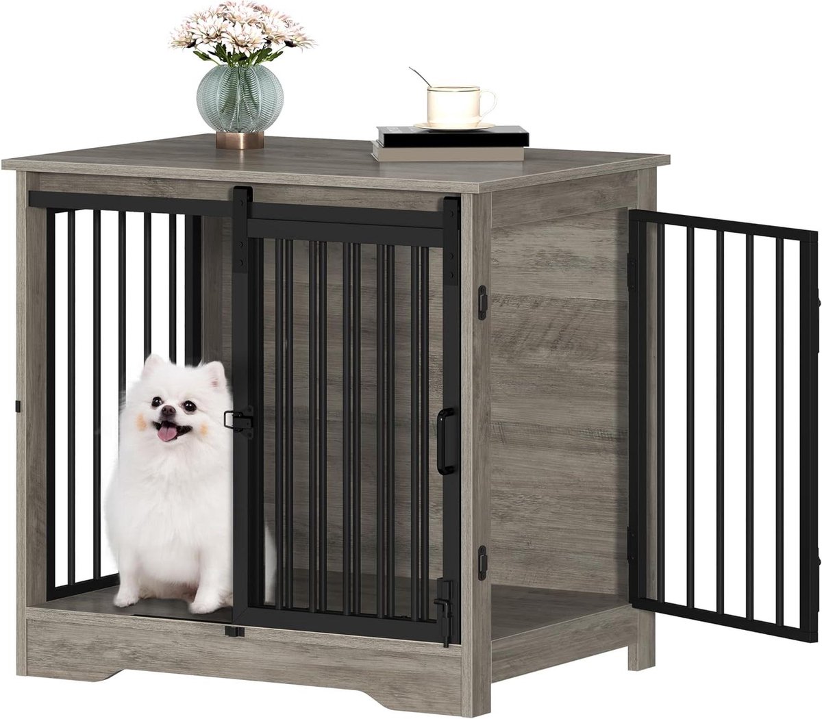 Hondenbench Meubel - Hondenbox bijzettafel - Veilig verblijf - Schuifdeurontwerp - 69 x 49 x 64.5 cm - Licht ivoor