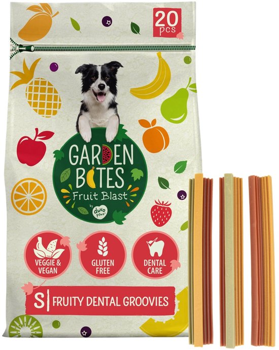 Verpakking van duvoplus Garden Bites, 'Fruit Blast', 20 stuks, met fruitillustraties. Vier 'Fruity Dental Groovies' liggen ernaast.