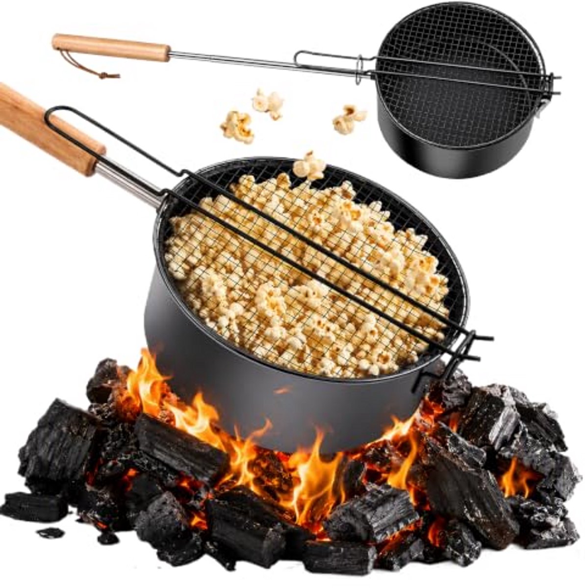 Popcornpan van Koolstofstaal, Popcorn Maker met Handgreep, Herbruikbare Popcornpan voor Zelfgemaakte Popcorn op Kookplaat, Zwart