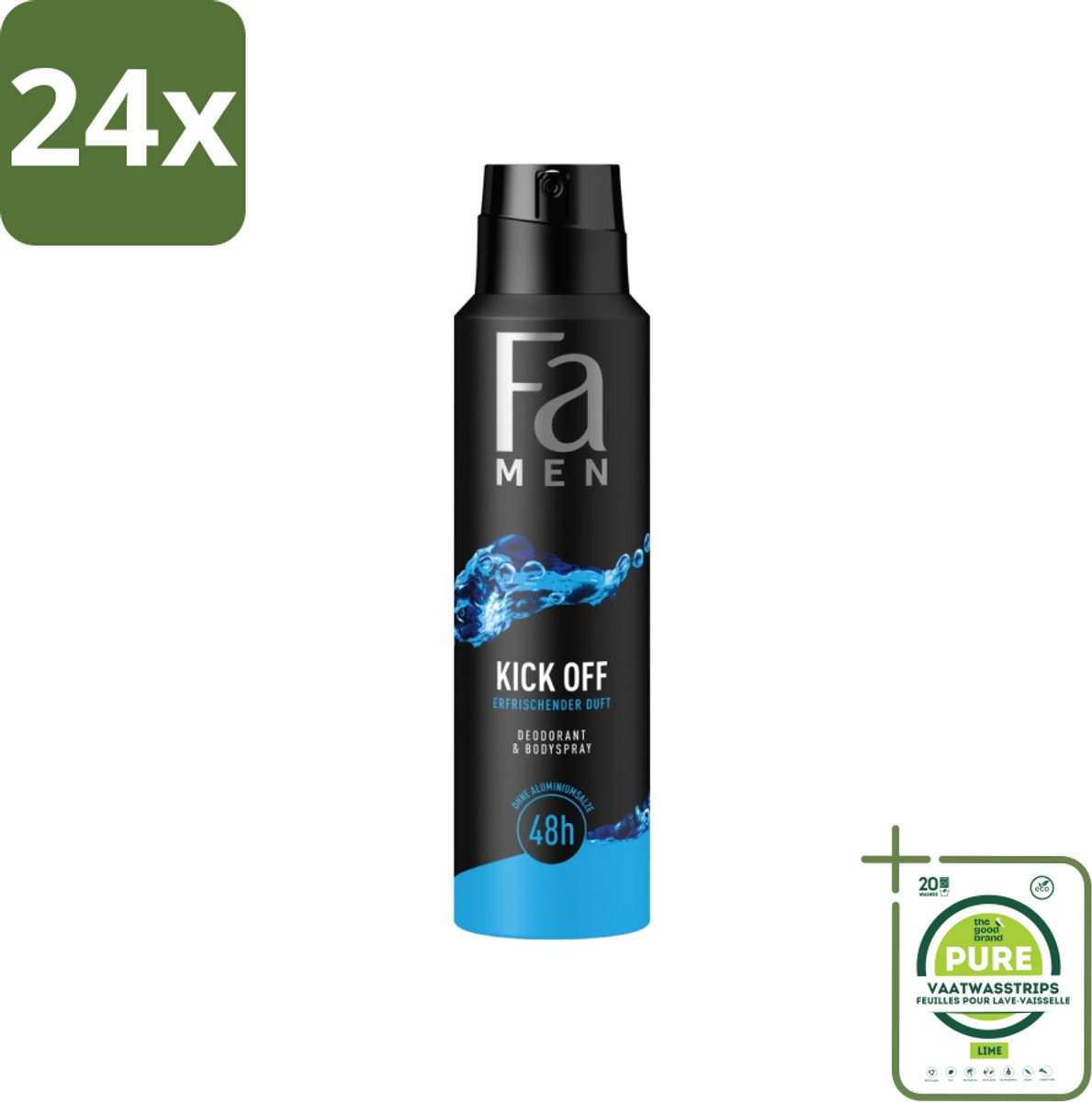 Fa Men - Deodorant Lichaamsspray - Kick-Off - Verfrissend - 48 uur Bescherming - 150 ml - Voordeelverpakking - 24 stuks - Deodorant spray - 48 uur bescherming