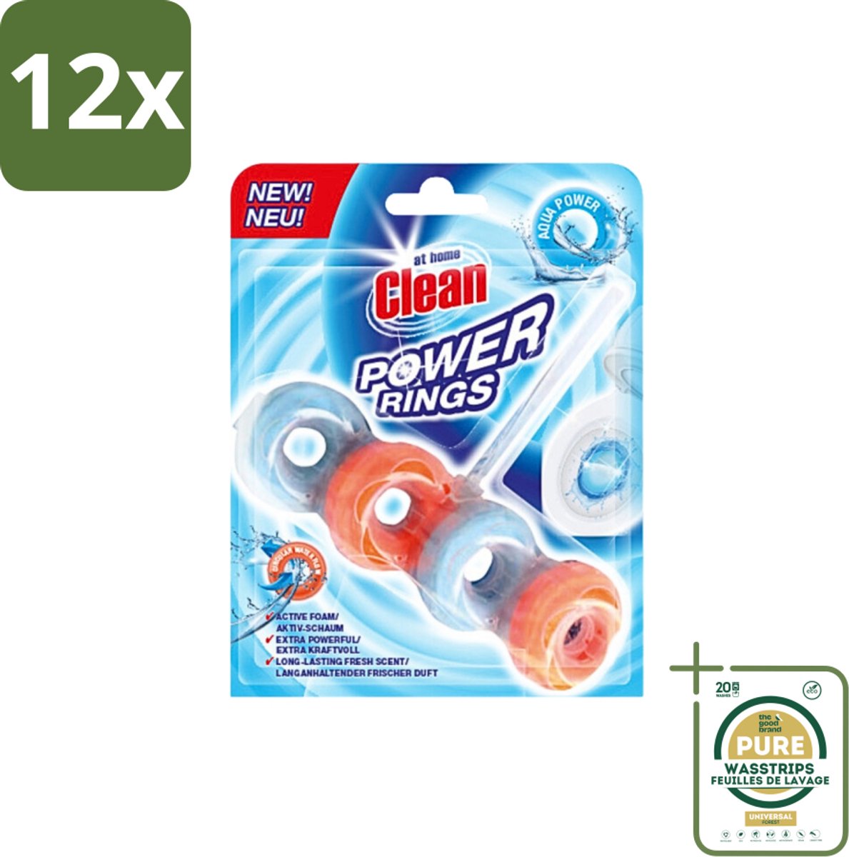 At Home - Clean - Toiletblok - Power Rings - Aqua Power - Extra Sterk - 1 Blok - Voordeelverpakking - 12 stuks - Frisheid - Aqua geur