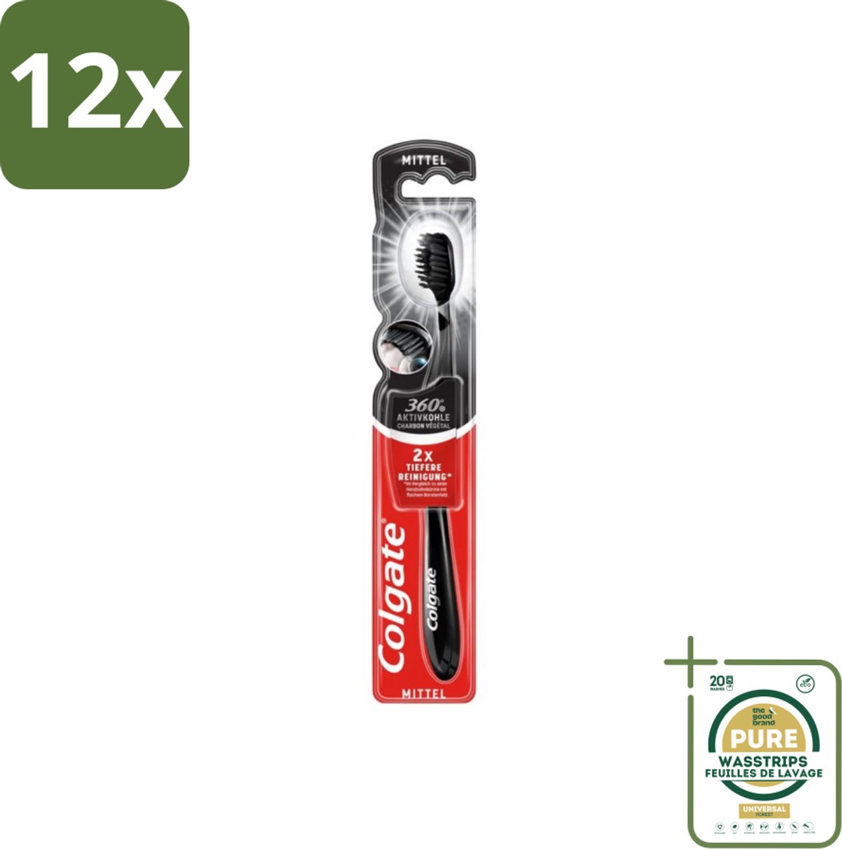 Colgate - Tandenborstel - Charcoal Black 360 Medium - Zwart - 1 Tandenborstel - Voordeelverpakking - 12 stuks - Tandenborstel houtskool - Mondverzorging