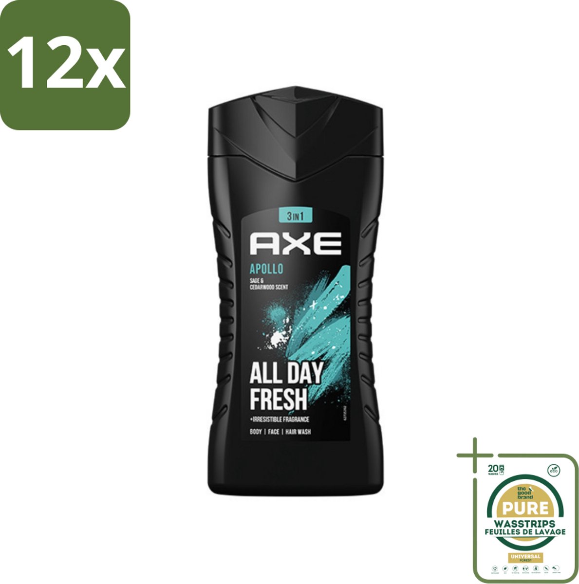 Axe - 3-in-1 Douchegel - Apollo - Sage & Cedarwood - 250 ml - Voordeelverpakking - 12 stuks - 3-in-1 - Cederhout
