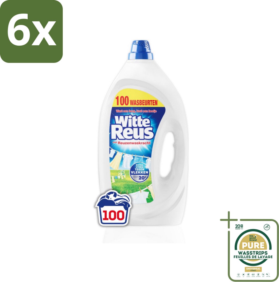 Witte Reus Wasmiddel Gel 100 Wasbeurten 4,5 liter - Voordeelverpakking - 6 stuks - Vloeibaar wasmiddel - Wasbeurten