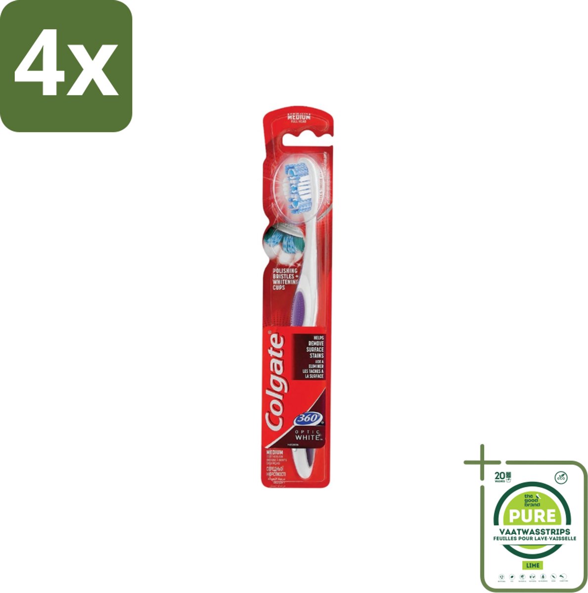 Colgate - Tandenborstel - 360 Optic White Medium- Wit - 1 Tandenborstel - Voordeelverpakking - 4 stuks - Tandenborstel - Wittere tanden