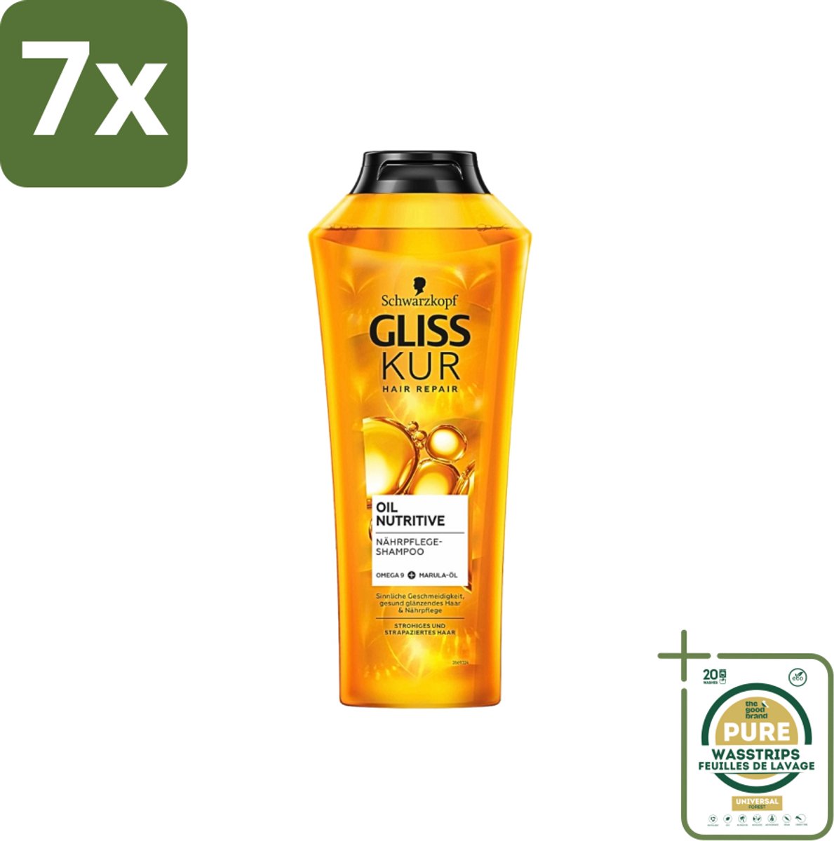 7 x Gliss-Kur - Shampoo - Oil Nutritive - Voedende Shampoo - Voor Stroef & Gespannen Haar - 400 ml - Grootverpakking - Stroef Haar - Gespannen Haar - Voedend Shampoo - Hydraterend Shampoo - Abrikozenpitolie